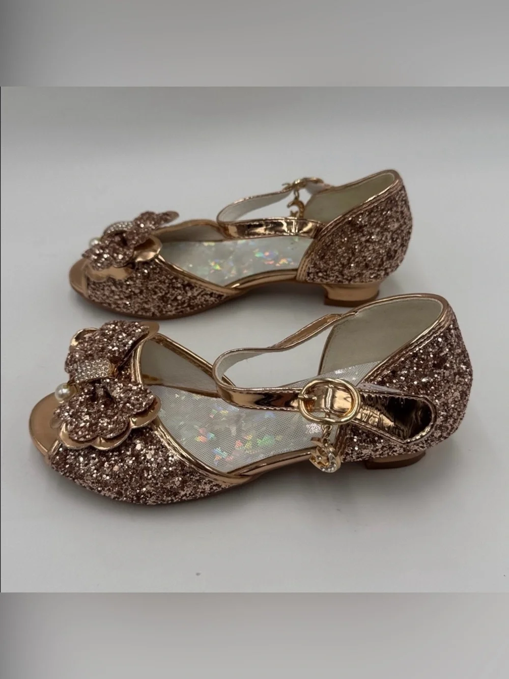 Girls Rose Gold Glitter Bow Dress Sandals with Pearl Accent Size 13